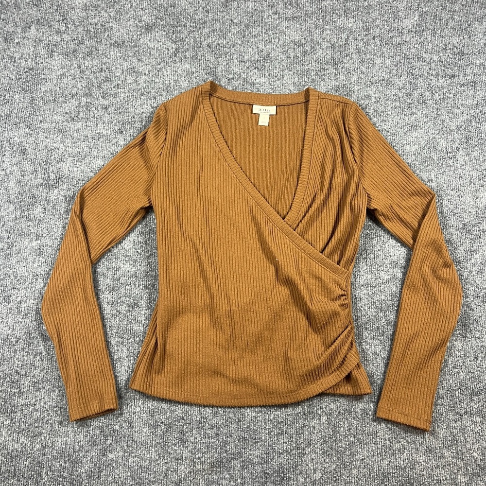 Ana A New Approach Wrap Top Womens Small Brown Ruched Side Ribbed Knit V Neck